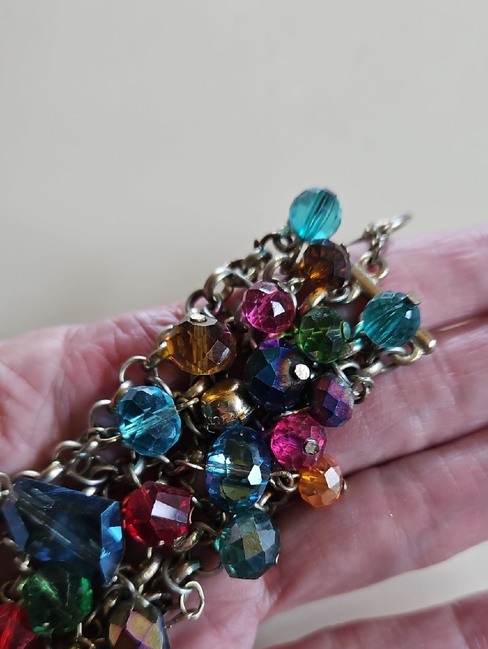 Multicolor Crystal Aurora Borealis Cluster Toggle Mesh Wide Bracelet Gold Tone - Picture 6 of 7